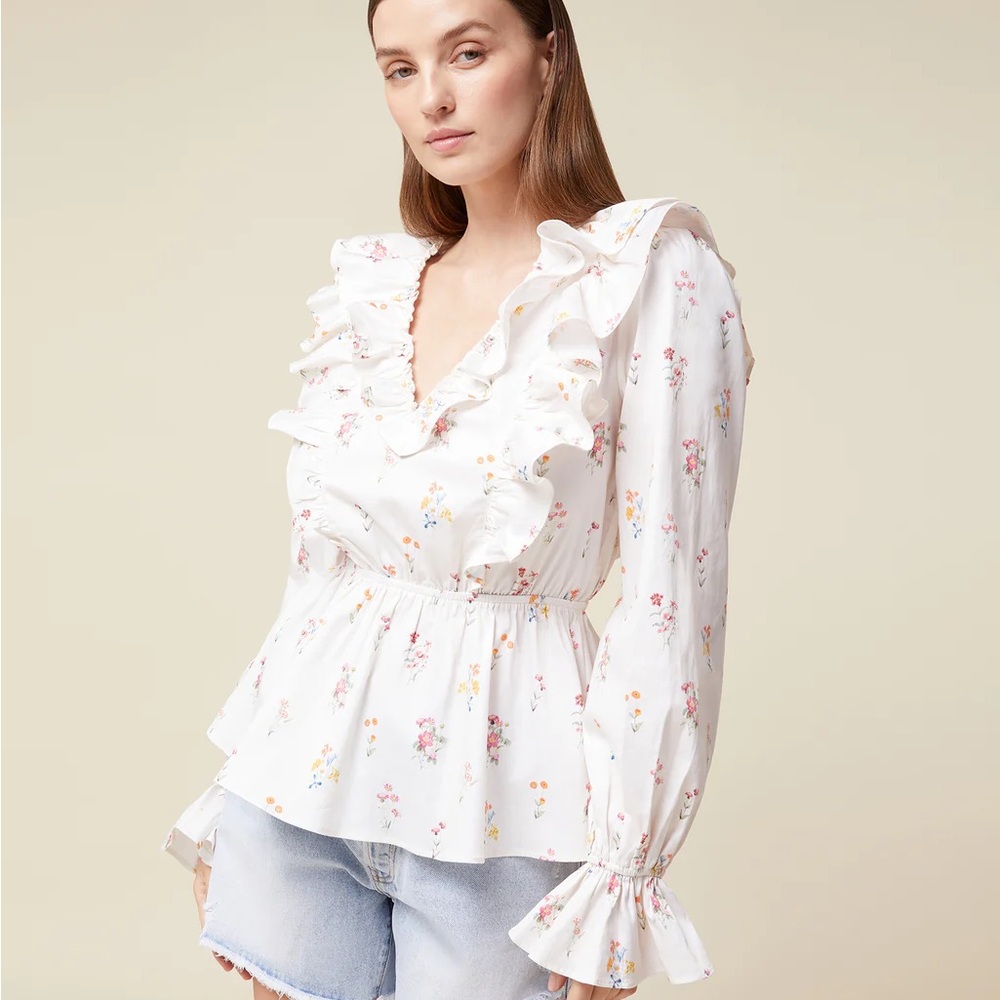 RACHEL PARCELL Floral Ruffle Blouse - White small and medium